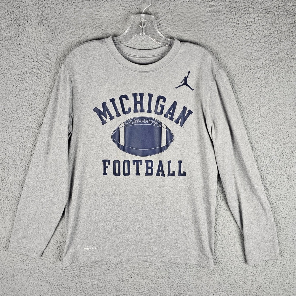 Jordan Shirt Mens Medium Gray Michigan Football Long Sleeve Dri-FIT Tee